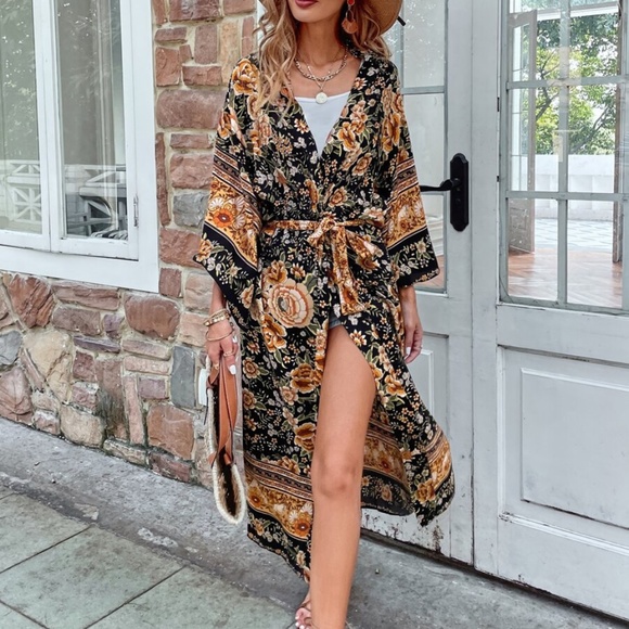 Boho Black Pink Floral Belted Long Kimono Cover up Beach - Picture 2 of 11